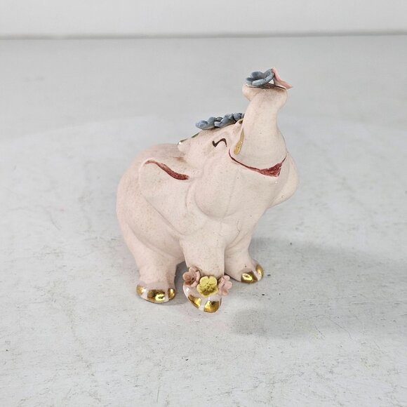 Vintage Walker Renaker Pink Bisque Elephant Figurine Gold Accents Flowers - Picture 2 of 13